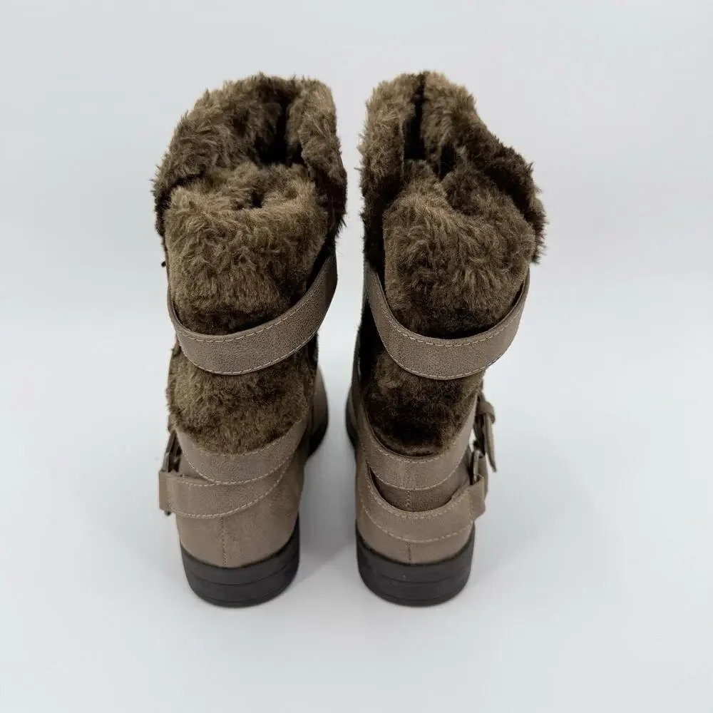Carlos Santana Faux Fur Lined Moto Strappy Mid Calf Winter Boots Taupe 9M‎ Cabin